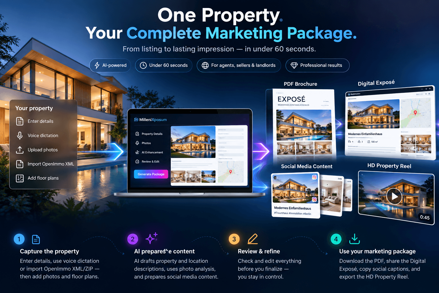 MilleniXposum — Capture Faster — PDF Brochure — Digital Exposé — Social Media — HD Property Reel — AI assists. You decide.
